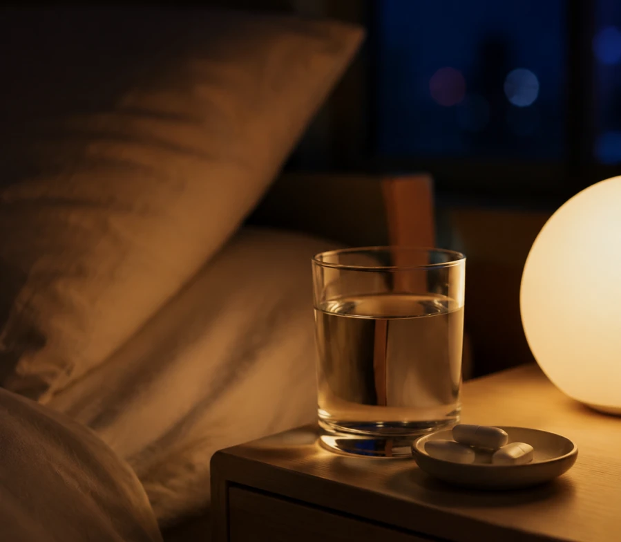 深夜卧室床边桌上一杯水与镁补充剂,暖黄夜灯