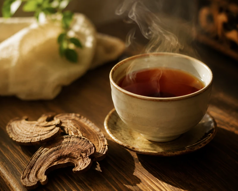 一碗冒着热气的灵芝茶，旁边放着干灵芝片