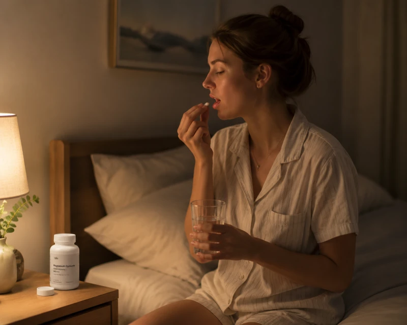 夜晚在床边就温水服下一粒镁胶囊的女士