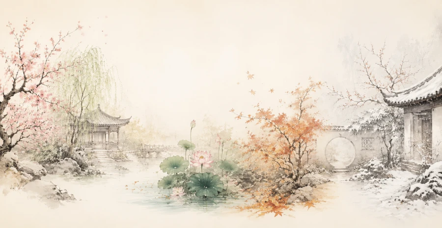 Un cortile cinese attraverso le quattro stagioni: fiori di primavera, loto d’estate, foglie d’autunno, neve d’inverno