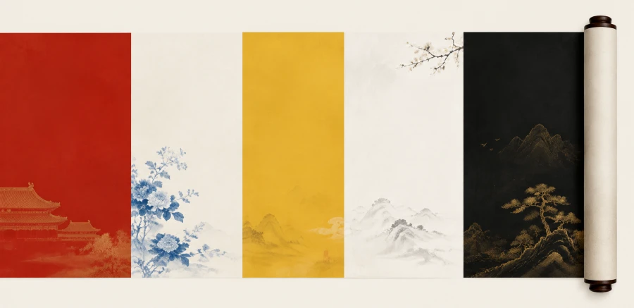 Un rotolo di colori tradizionali cinesi: rosso palazzo, blu porcellana, giallo imperiale, bianco puro, nero profondo
