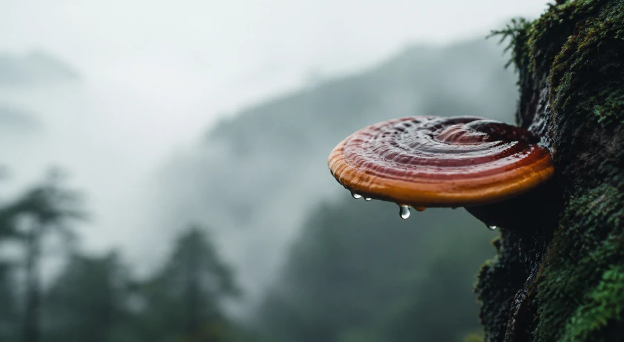 雾霭山林树干上的一朵野生灵芝