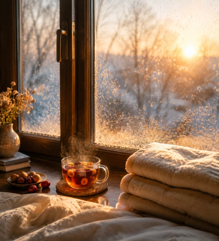 A frosty winter morning window with sunrise and a warm cup of tea