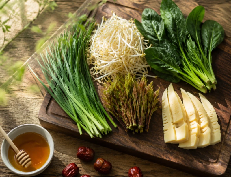 A bowl of spring vegetables with chives, bean sprouts and honey
