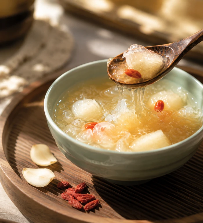A bowl of pear and white fungus soup with lily and goji berries