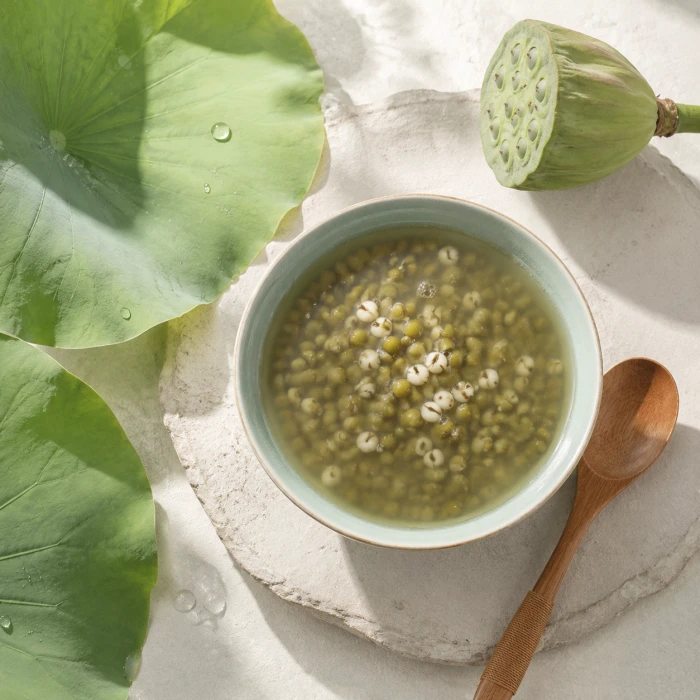 A bowl of mung bean soup with lotus leaves and seeds