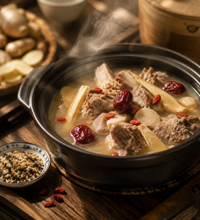 A steaming pot of lamb soup with ginger and red dates