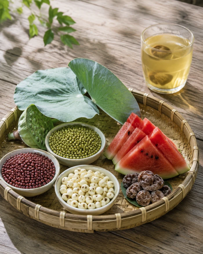 Summer ingredients: mung beans, lotus seeds, watermelon and a glass of sour plum drink