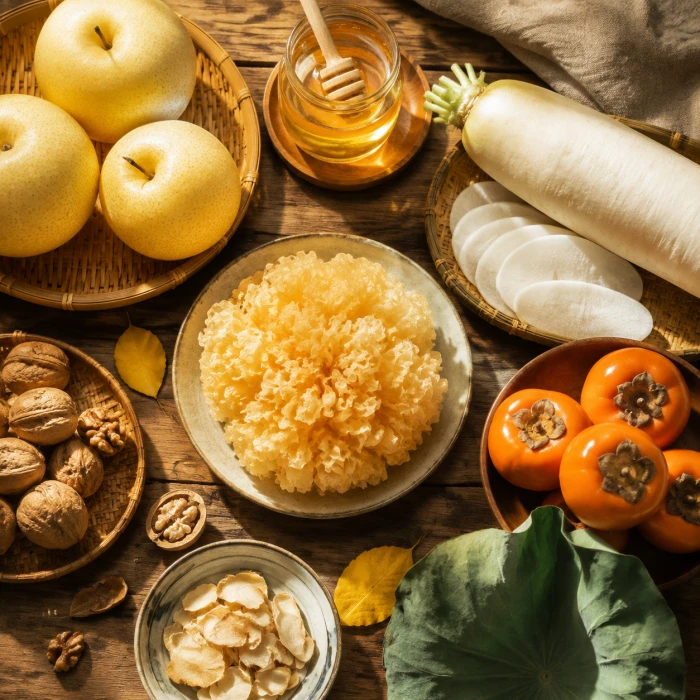 Autumn ingredients: pears, white fungus, radish, honey and persimmons