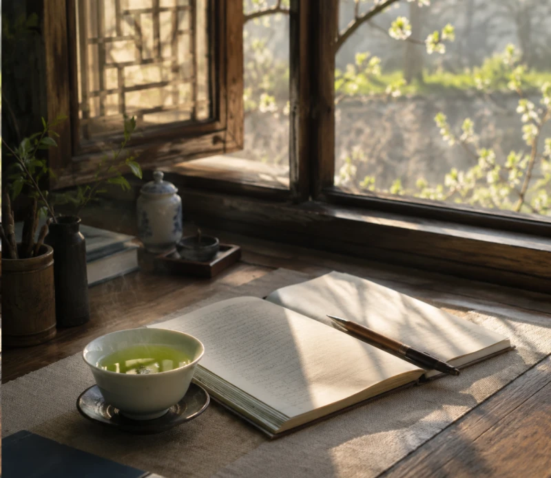 Morning light and a cup of green tea by a window in early spring