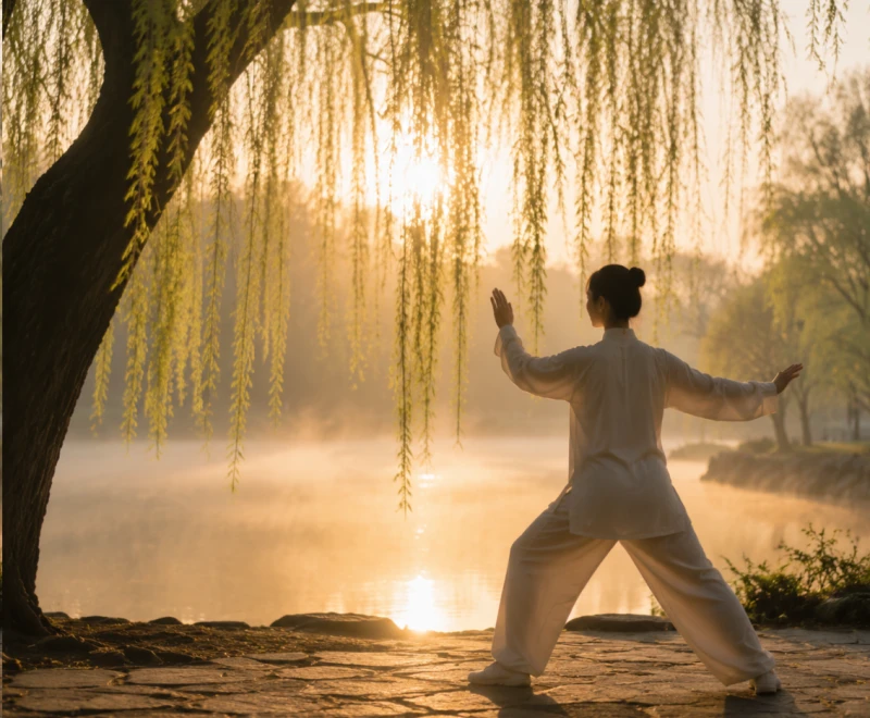 A person practicing gentle morning stretching under willow trees in early spring