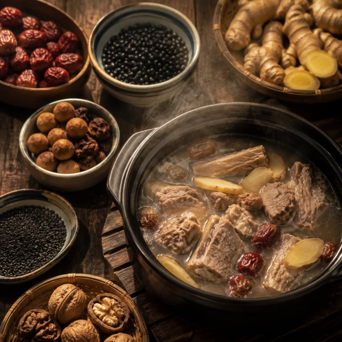 Winter ingredients: black beans, walnuts, red dates, longan and ginger