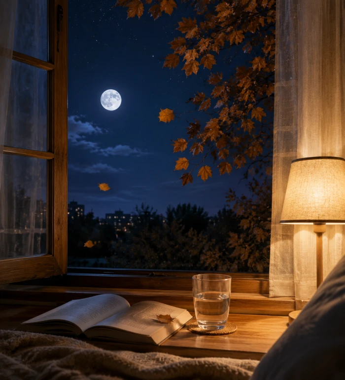 An autumn night window with moonlight, a warm light and falling plane leaves