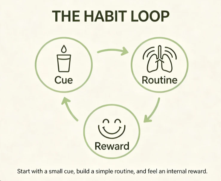 A simple habit loop diagram: reminder, action, reward in a cycle