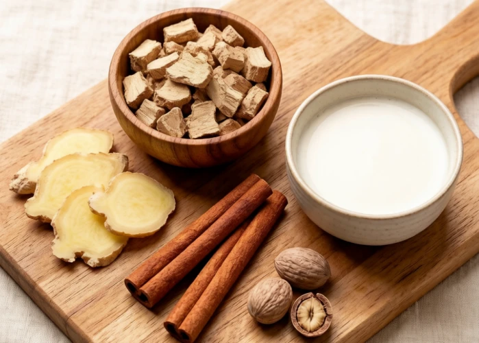 Ashwagandha powder, ginger, cinnamon sticks and nutmeg on a wooden board