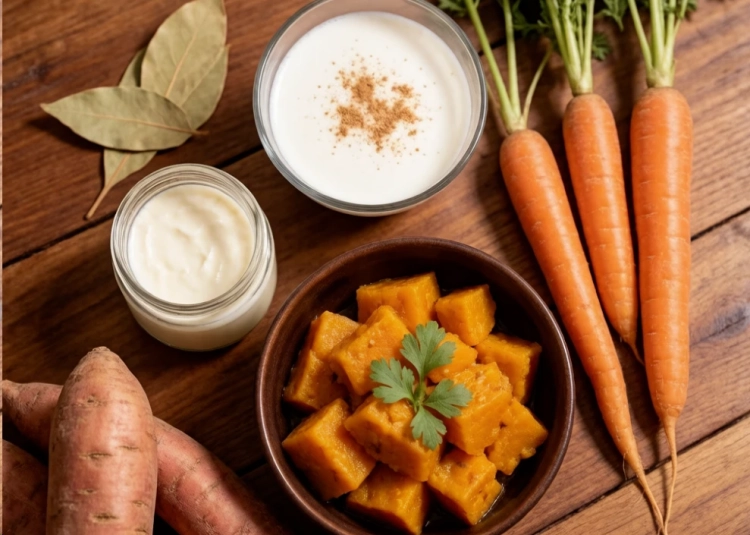 A bowl of cooked pumpkin, ghee, warm milk with cinnamon and root vegetables