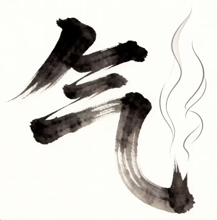 A large calligraphy character qi with three rising wisps of smoke