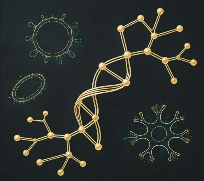 Astragalus polysaccharide molecules with golden particles suggesting immune cells
