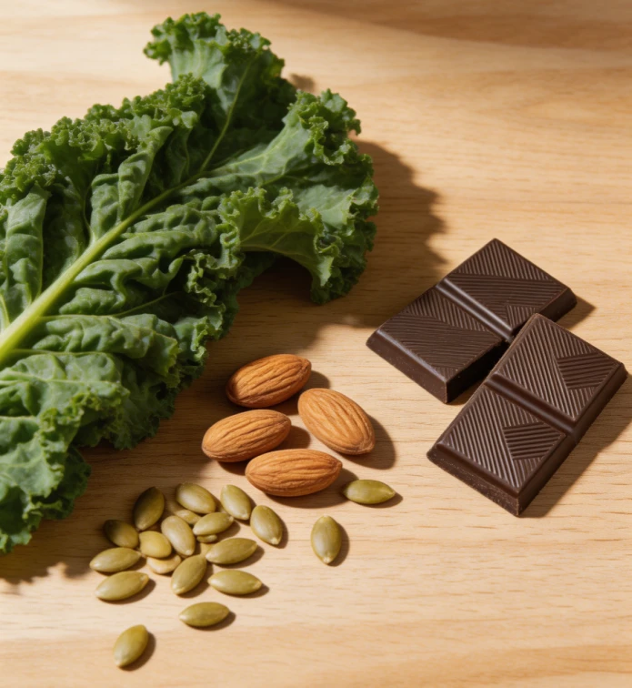 Foods rich in magnesium: leafy greens, almonds, pumpkin seeds and dark chocolate