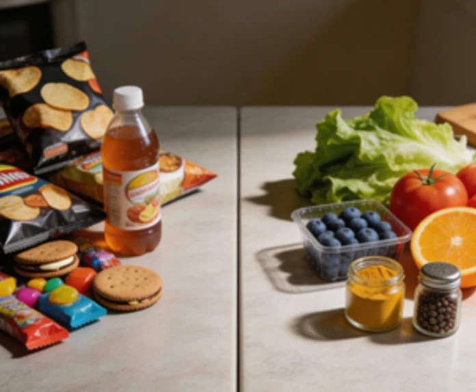 A contrast on the kitchen counter: ultra-processed snacks and sugary drinks versus fresh produce and spices