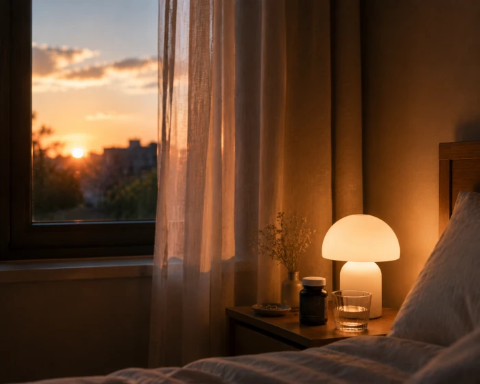 Soft warm bedside light at dusk, half-drawn curtains, calm sleep rhythm scene