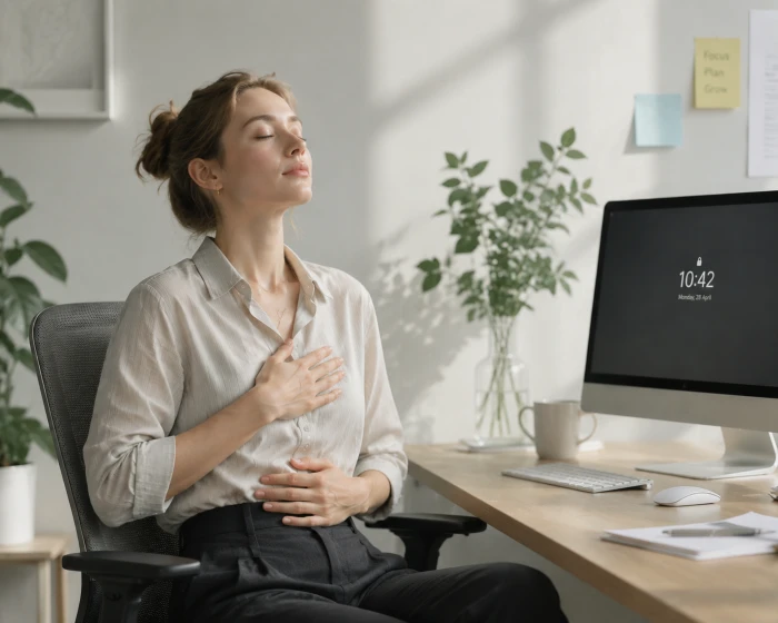 A person with hands on belly doing belly breathing next to a locked computer