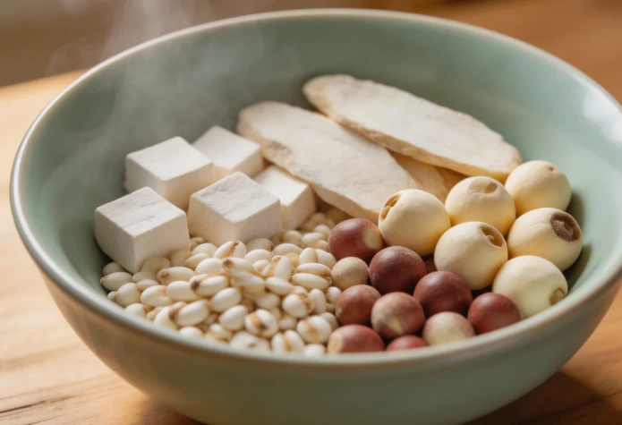 White poria slices, the fungus that grows on pine roots to drain dampness and calm the spirit