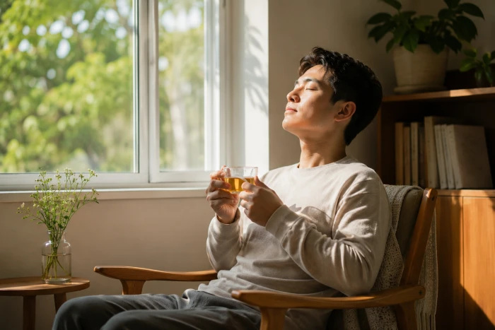 A person breathing slowly with a warm herbal tea by a bright window during the day