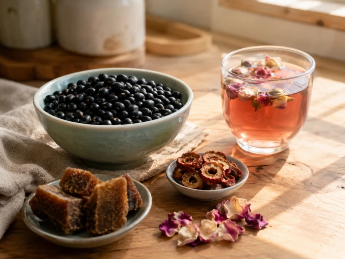 Black beans, brown sugar, hawthorn and a cup of herbal tea on a kitchen counter