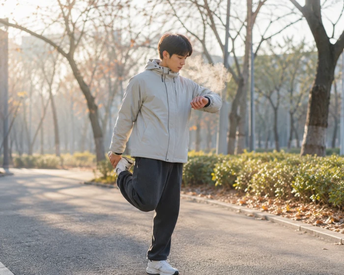 A young person warming up outdoors on a cold winter morning, breath visible in the air