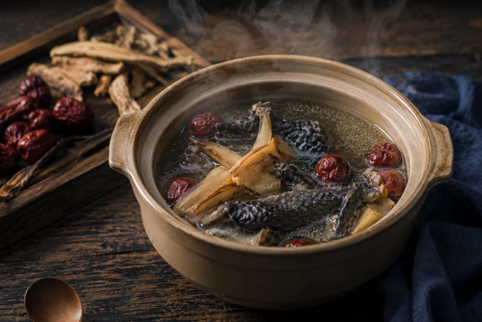 Dong quai root simmered with red dates in a nourishing blood tonic soup